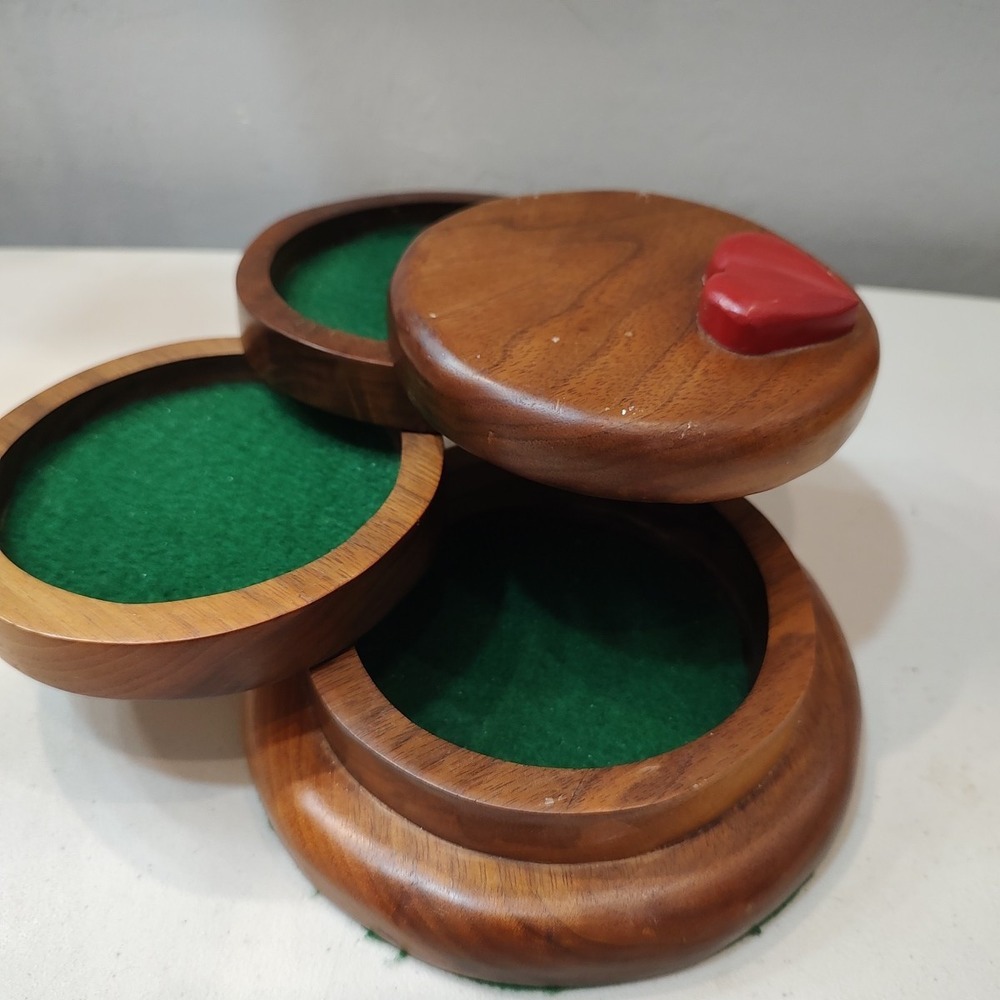 Vtg 3 Tier Round Wooden Swivel Jewelry Box With Lined Drawers Heart Country Core
